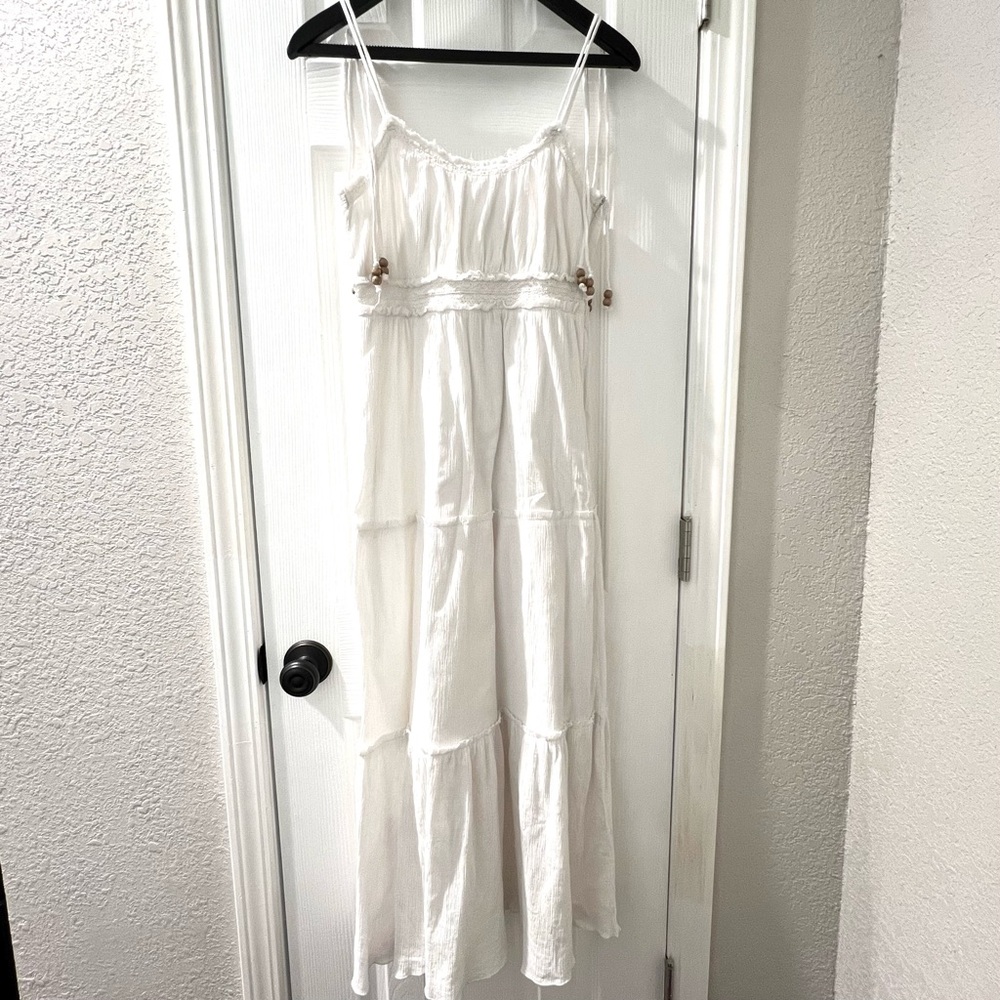 Boho White Beaded Spaghetti Strap Tiered Maxi Dress